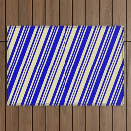 [ Thumbnail: Pale Goldenrod & Blue Colored Lines/Stripes Pattern Outdoor Rug ]