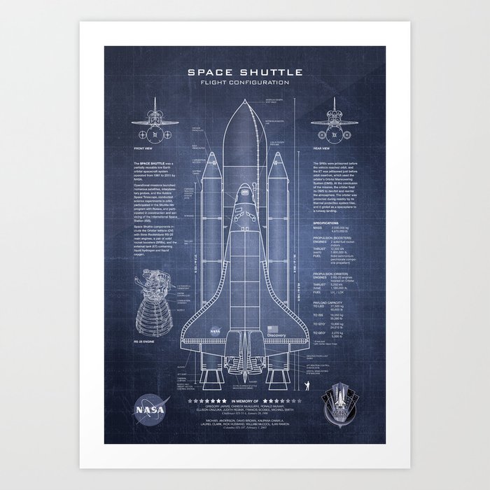 NASA Space Shuttle Blueprint in High Resolution (dark blue)  Art Print