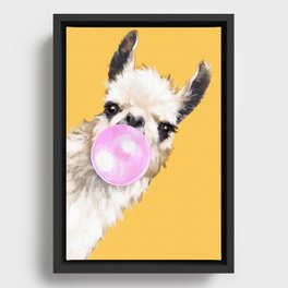 Bubble Gum Sneaky Llama in Yellow Framed Canvas