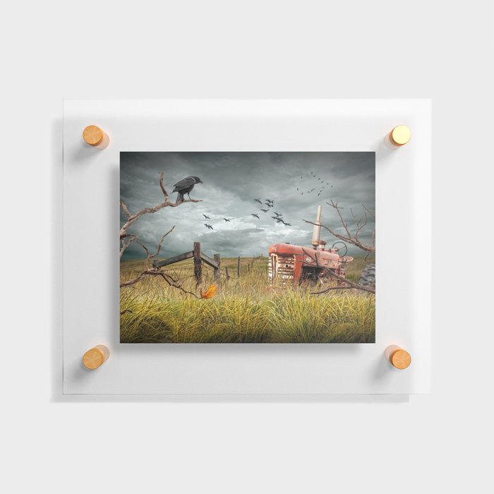 Abandoned Red Tractor in a Prairie Field with Perched Crow and Flying Geese Floating Acrylic Print