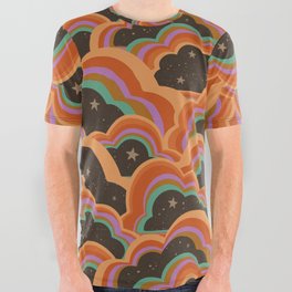 Retro 70s Inspired Boho Rainbow Clouds Pattern All Over Graphic Tee