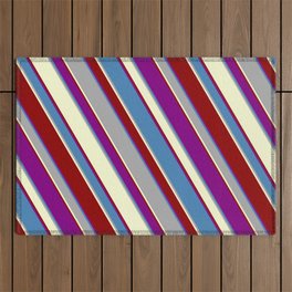[ Thumbnail: Colorful Purple, Blue, Dark Grey, Light Yellow, and Dark Red Colored Striped/Lined Pattern Outdoor Rug ]