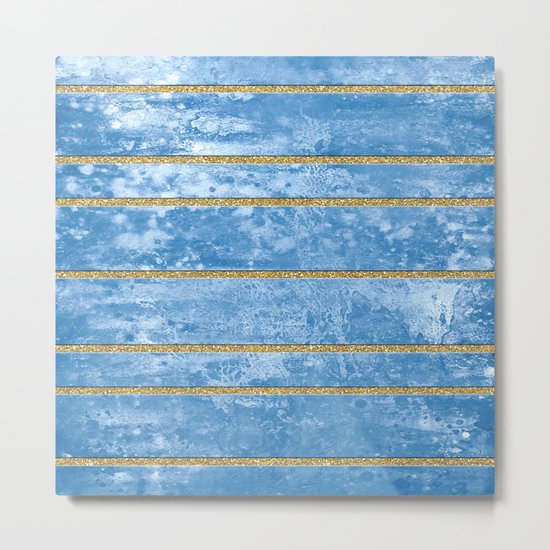 Abstract Painting with Golden Stripes - Blue Metal Print
