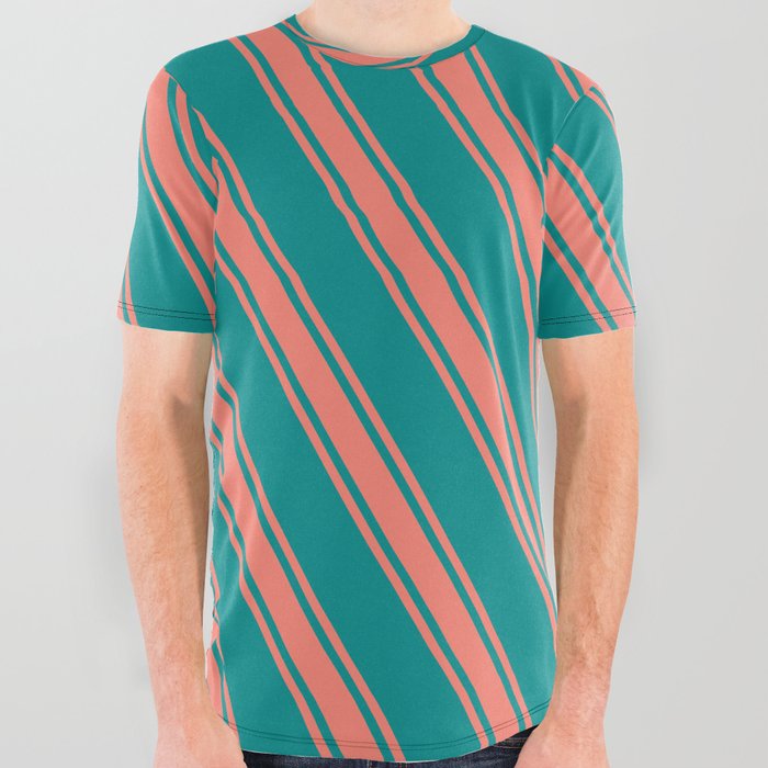 Dark Cyan & Salmon Colored Stripes Pattern All Over Graphic Tee