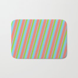 [ Thumbnail: Green, Sky Blue & Salmon Colored Pattern of Stripes Bath Mat ]