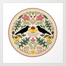 Crows, Wild Roses, Thistles And Sunflowers Art Print