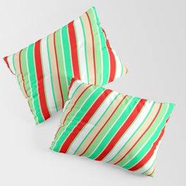 [ Thumbnail: Eye-catching Green, Tan, Red, Light Green, and White Colored Pattern of Stripes Pillow Sham ]