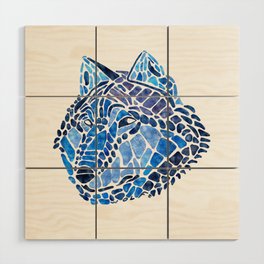 Blue Wolf Painted Mosaic Illustration Wood Wall Art