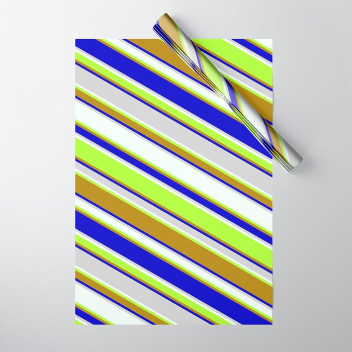Colorful Light Gray, Mint Cream, Light Green, Dark Goldenrod, and Blue Colored Striped/Lined Pattern Wrapping Paper