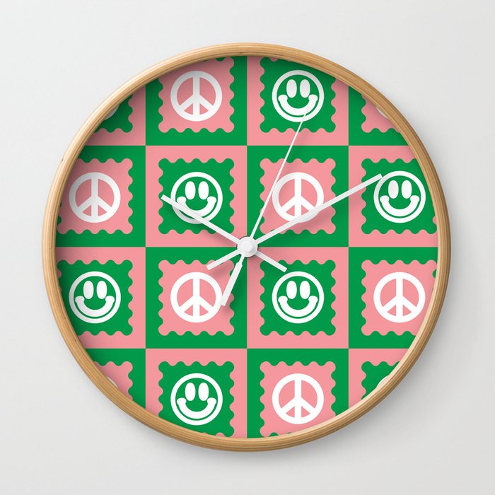 Funky Checkered Smileys and Peace Symbol Pattern (Pink, Green, White) Wall Clock