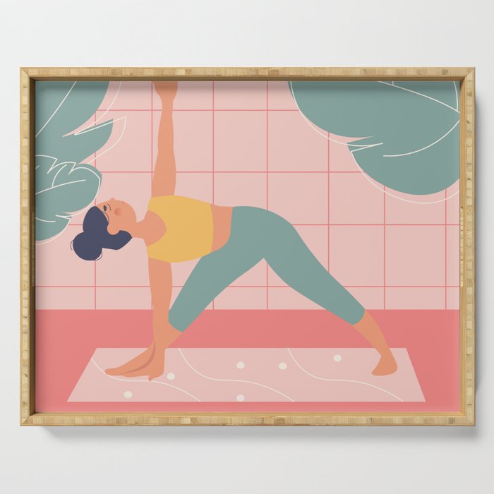 Modern minimalist bright flats illustration of a girl doing yoga Serving Tray