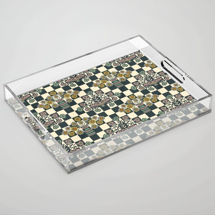 OP-ULENCE CHECKERED FLORAL PATTERN in BLACK & WARM WHITE WITH BRIGHT MULTI-COLOURS Acrylic Tray
