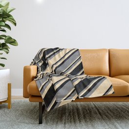 [ Thumbnail: Black, Grey & Beige Colored Striped Pattern Throw Blanket ]
