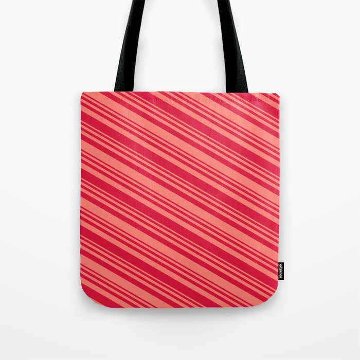 Salmon & Crimson Colored Striped/Lined Pattern Tote Bag