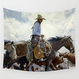“Watching Him Move” Western Art By WHD Koerner Wall Tapestry | Western, Cattle, Painting, Pioneers, Cowboy, Frontier, Rider, Longhorns, Herding, Plain 