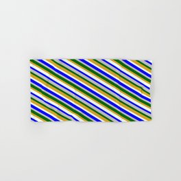 [ Thumbnail: Goldenrod, Mint Cream, Blue, Grey, and Dark Green Colored Pattern of Stripes Hand & Bath Towel ]