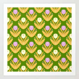 Happy White and Purple Dahlias Pattern - Green Art Print