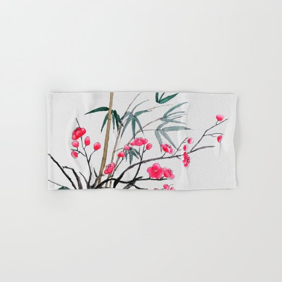 bamboo and red plum flowers Hand & Bath Towel