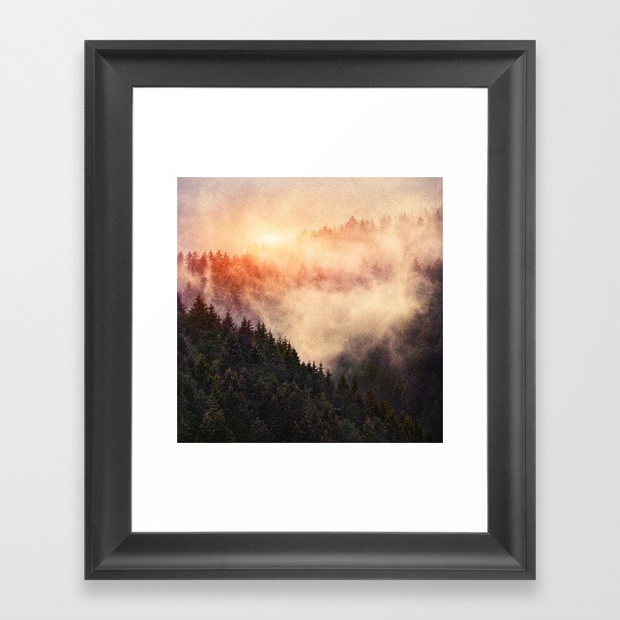 In My Other World //  Sunrise In A Romantic Misty Foggy Fairytale Forest With Trees Covered In Fog Framed Art Print