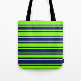 [ Thumbnail: Green and Midnight Blue Colored Lines/Stripes Pattern Tote Bag ]