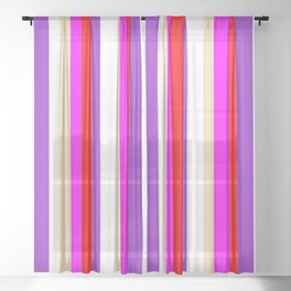 [ Thumbnail: Colorful White, Dark Orchid, Red, Fuchsia & Tan Colored Striped/Lined Pattern Sheer Curtain ]