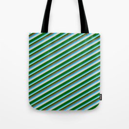 [ Thumbnail: Sienna, Deep Sky Blue, Light Gray & Dark Green Colored Lined/Striped Pattern Tote Bag ]