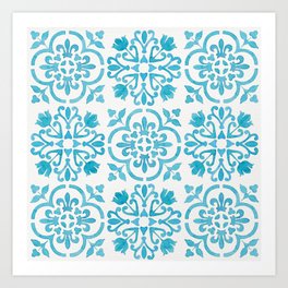 Watercolor Moroccan Tiles - Turquoise Blue Art Print