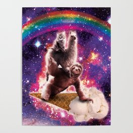 Space Cat Llama Sloth Riding Ice Cream Poster