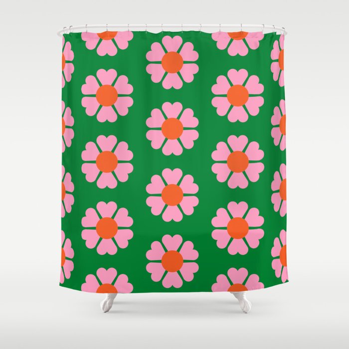 70s Retro Flower Power Pattern in Green, Pink & Orange Shower Curtain