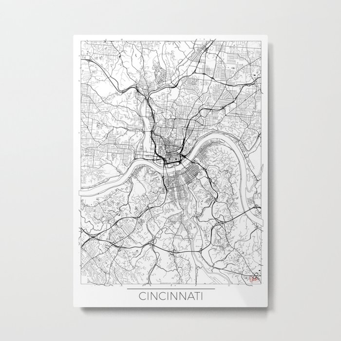 Cincinnati Map White Metal Print