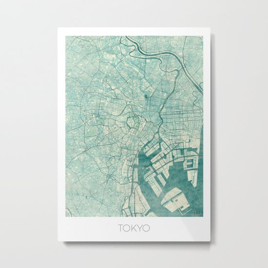 Tokyo Map Blue Vintage Metal Print