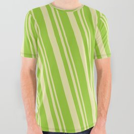 [ Thumbnail: Pale Goldenrod & Green Colored Lines Pattern All Over Graphic Tee ]