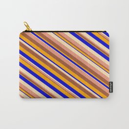 [ Thumbnail: Eyecatching Beige, Dark Salmon, Sienna, Orange, and Blue Colored Striped/Lined Pattern Carry-All Pouch ]