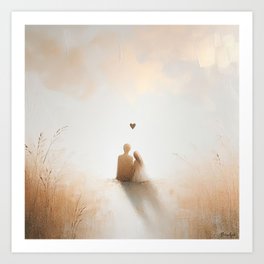 Man and woman sitting on the edge of a foggy lake with heart Art Print