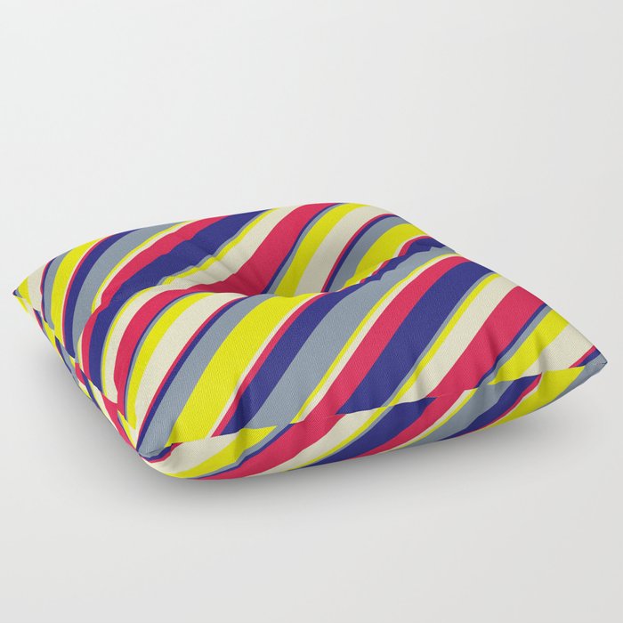 Vibrant Light Slate Gray, Yellow, Bisque, Crimson & Midnight Blue Colored Lines/Stripes Pattern Floor Pillow