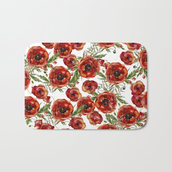 Poppy Pattern On White Background Bath Mat