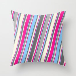 [ Thumbnail: Colorful Light Sky Blue, Dim Grey, Dark Grey, Beige, and Deep Pink Colored Pattern of Stripes Throw Pillow ]