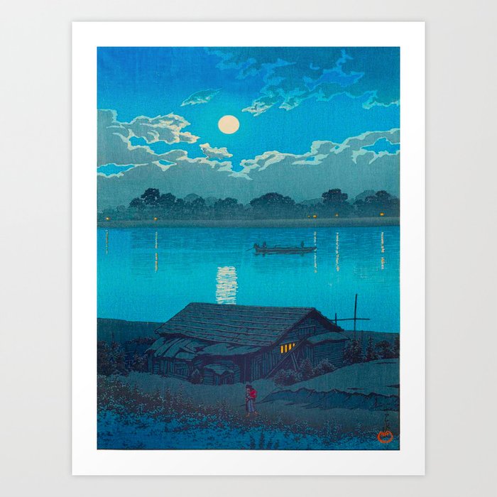 Vintage Japanese Woodblock Print Fishing Village At Night Fishing