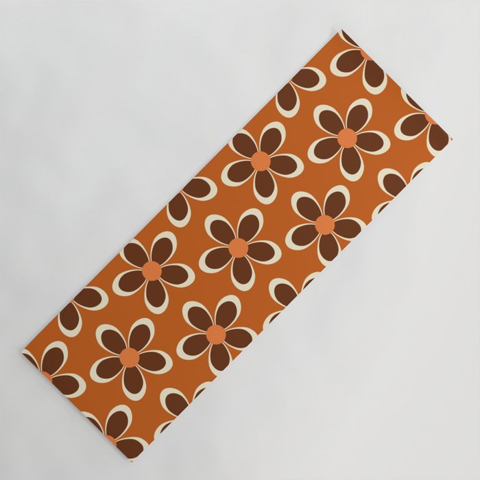 Orange Retro Floral 1960s Pattern Yoga Mat