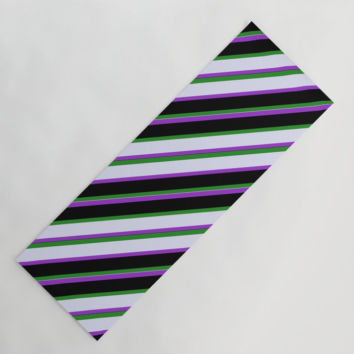 Forest Green, Lavender, Dark Orchid, and Black Colored Striped Pattern Yoga Mat