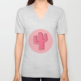 Pink Cactus Pattern V Neck T Shirt