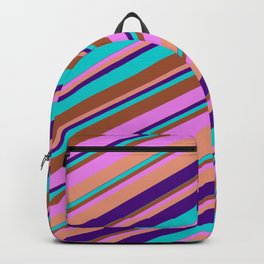 [ Thumbnail: Eye-catching Sienna, Violet, Dark Salmon, Indigo, and Dark Turquoise Colored Lined Pattern Backpack ]