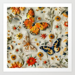 Embroidery butterflies and flowers Art Print