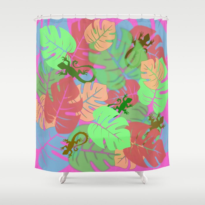 Monstera And Lizards Retro Pink Shower Curtain By Roxygart Society6 Monstera And Lizards Retro Pink Shower Curtain