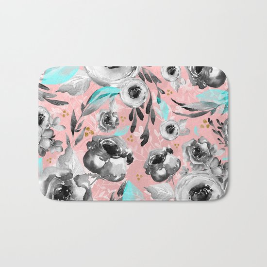blooms flowers black and white Bath Mat