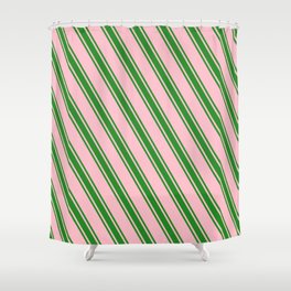 [ Thumbnail: Pink and Forest Green Colored Pattern of Stripes Shower Curtain ]