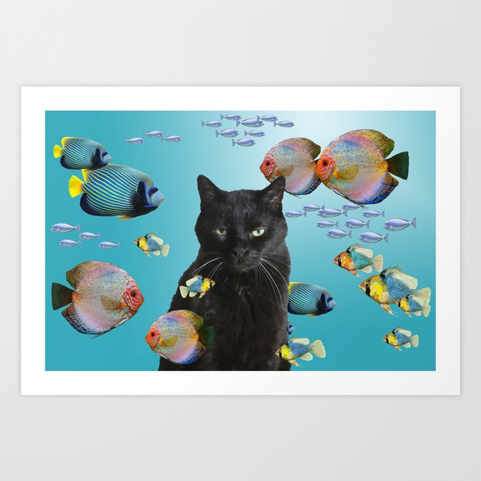 SNOKI - Black Cat with Tropical exotic fishes around Art Print