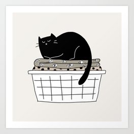 Black Cat in Folded Laundry Basket - Neutral Palette Art Print