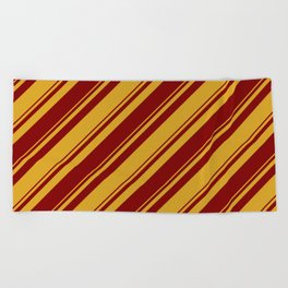[ Thumbnail: Goldenrod & Maroon Colored Lines/Stripes Pattern Beach Towel ]