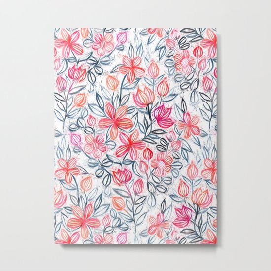 Coral and Grey Candy Striped Crayon Floral Metal Print